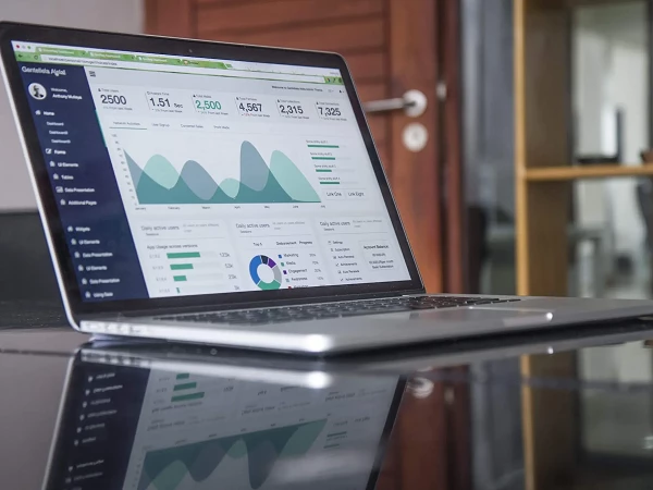 Ein Laptop zeigt eine Analyse-Software mit grafischen Darstellungen von Daten und Statistiken auf dem Bildschirm. Im Hintergrund sind unscharfe Möbelstücke zu erkennen.