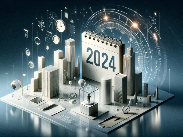 Ein 3D-Design zeigt eine moderne Stadtlandschaft mit Hochhäusern und einem großen, aufgestellten Kalender, der auf das Jahr 2024 verweist. Um die Stadt sind verschiedene Symbole wie Uhren und Graphen angeordnet, die technologische und zeitliche Elemente darstellen.