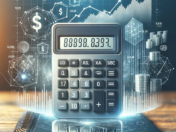 Ein Taschenrechner befindet sich auf einem Notizbuch, umgeben von grafischen Darstellungen von Finanzdaten, einschließlich Dollar-Symbolen, Diagrammen und Münzen.