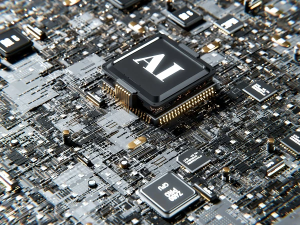 Ein detailliertes Close-up einer Computerplatine mit verschiedenen Mikroprozessoren, wobei ein zentraler Chip mit der Aufschrift "AI" hervorsticht.